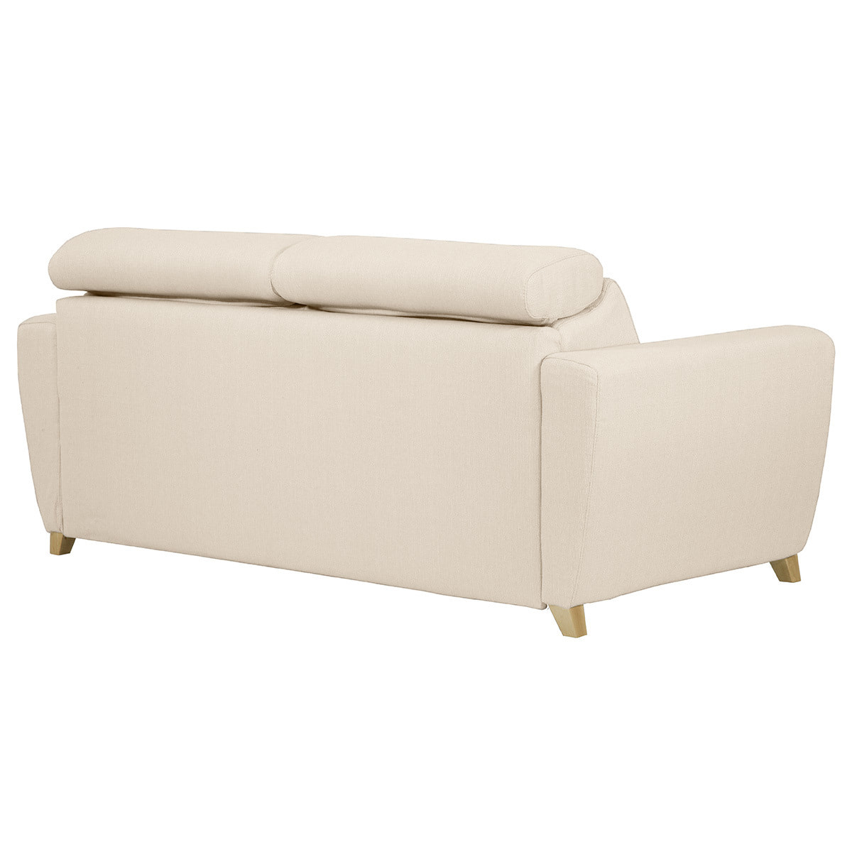 Canapé convertible avec têtières ajustables 3 places en tissu beige et bois clair avec matelas 13 cm GOYA