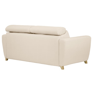 Canapé convertible avec têtières ajustables 3 places en tissu beige et bois clair avec matelas 13 cm GOYA