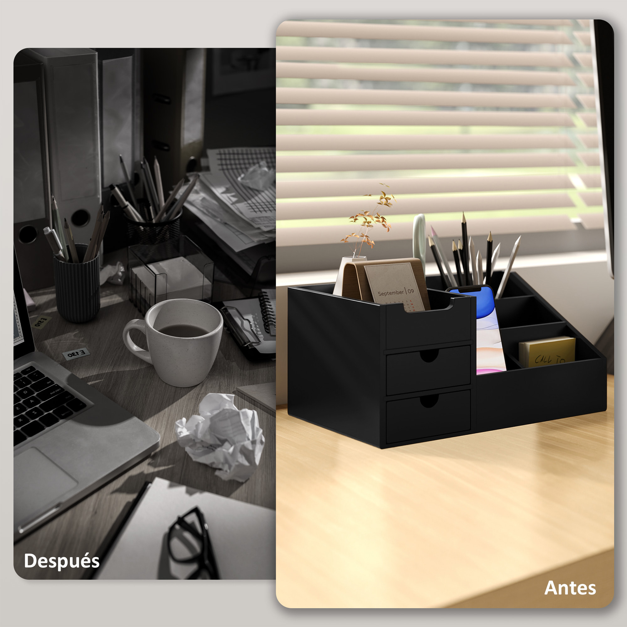 Organizador de Escritorio de Bambú Organizador de Mesa con 2 Cajones 6 Compartimentos y Estante para Oficina Hogar 33x20,5x15,5 cm Negro