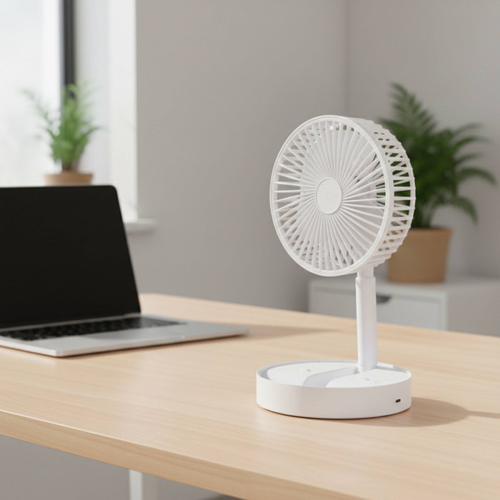 Ventilador USB plegable, Ø16,5cm, 3 velocidades, batería 1200mAh, blanco