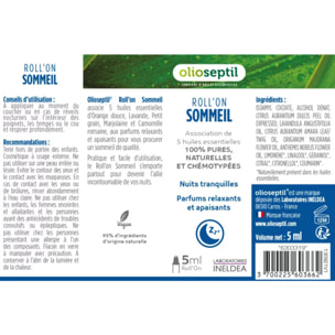 OLIOSEPTIL - Roll'On Sommeil - Association de 5 huiles essentielles 100% pures naturelles et chémotypées dont la Lavande et Camomille Romaine- Parfums relaxants et apaisants - 100% Vegan - Roll'on 5ml