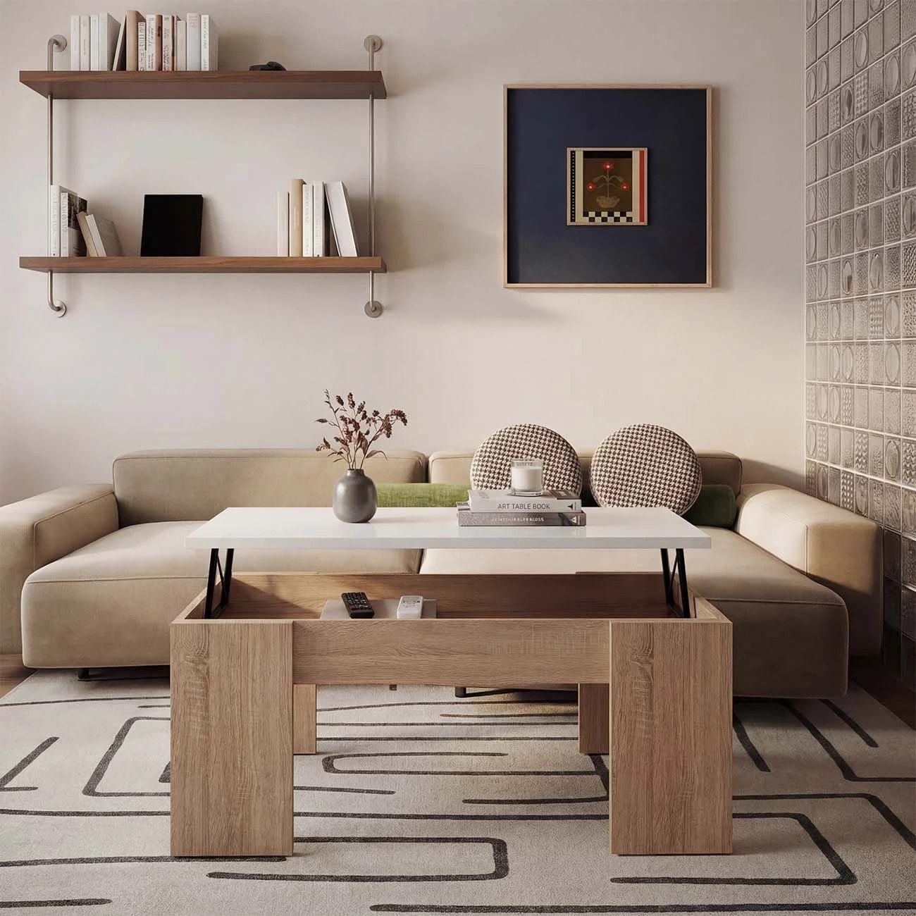 Mesa de centro elevable con almacenaje en roble canadian y blanco artik 100x45-56 cm Vita Roble Canadian - Blanco Artik (Blanco Mate)