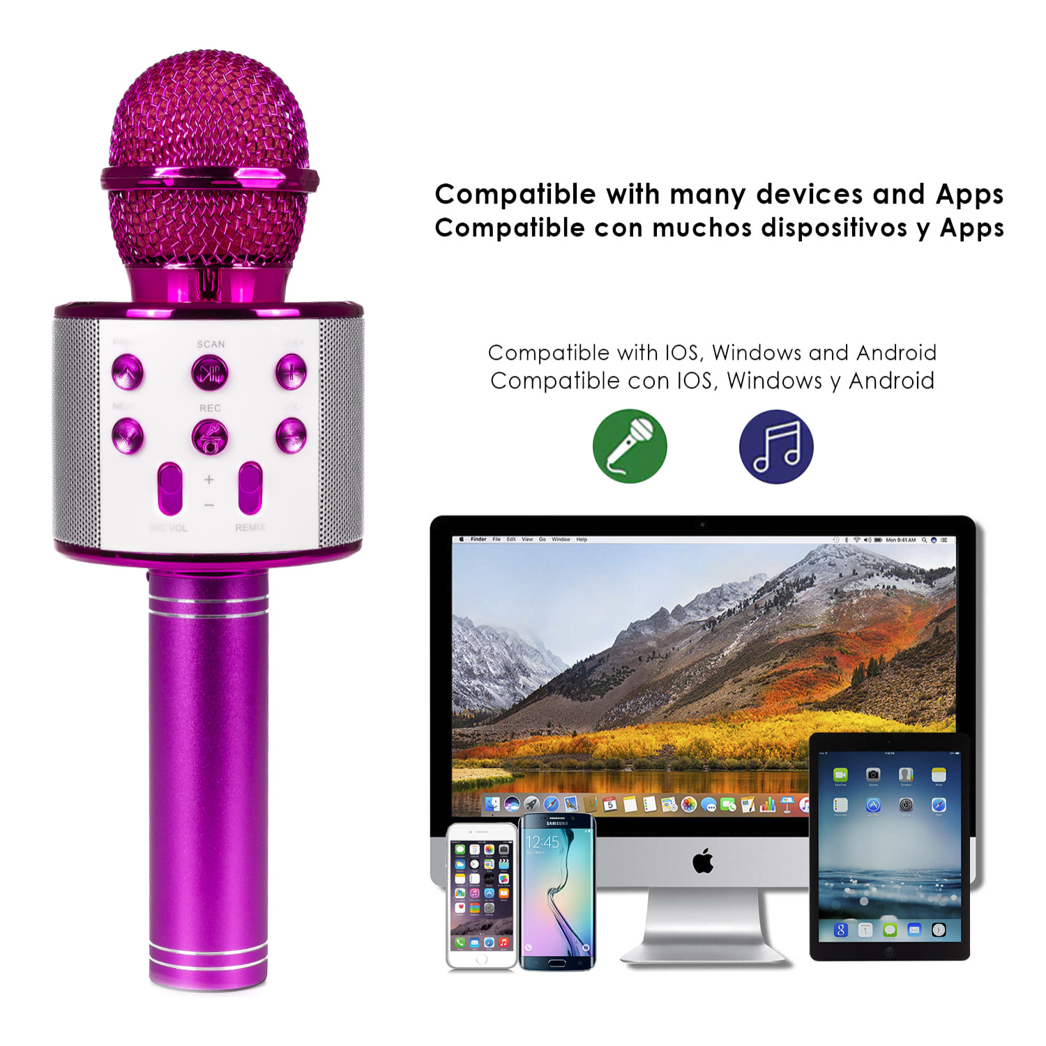 DAM Microfono Karaoke Multifunzione con Altoparlante Incorporato 7,5x7,5x22,3 Cm. Colore fucsia
