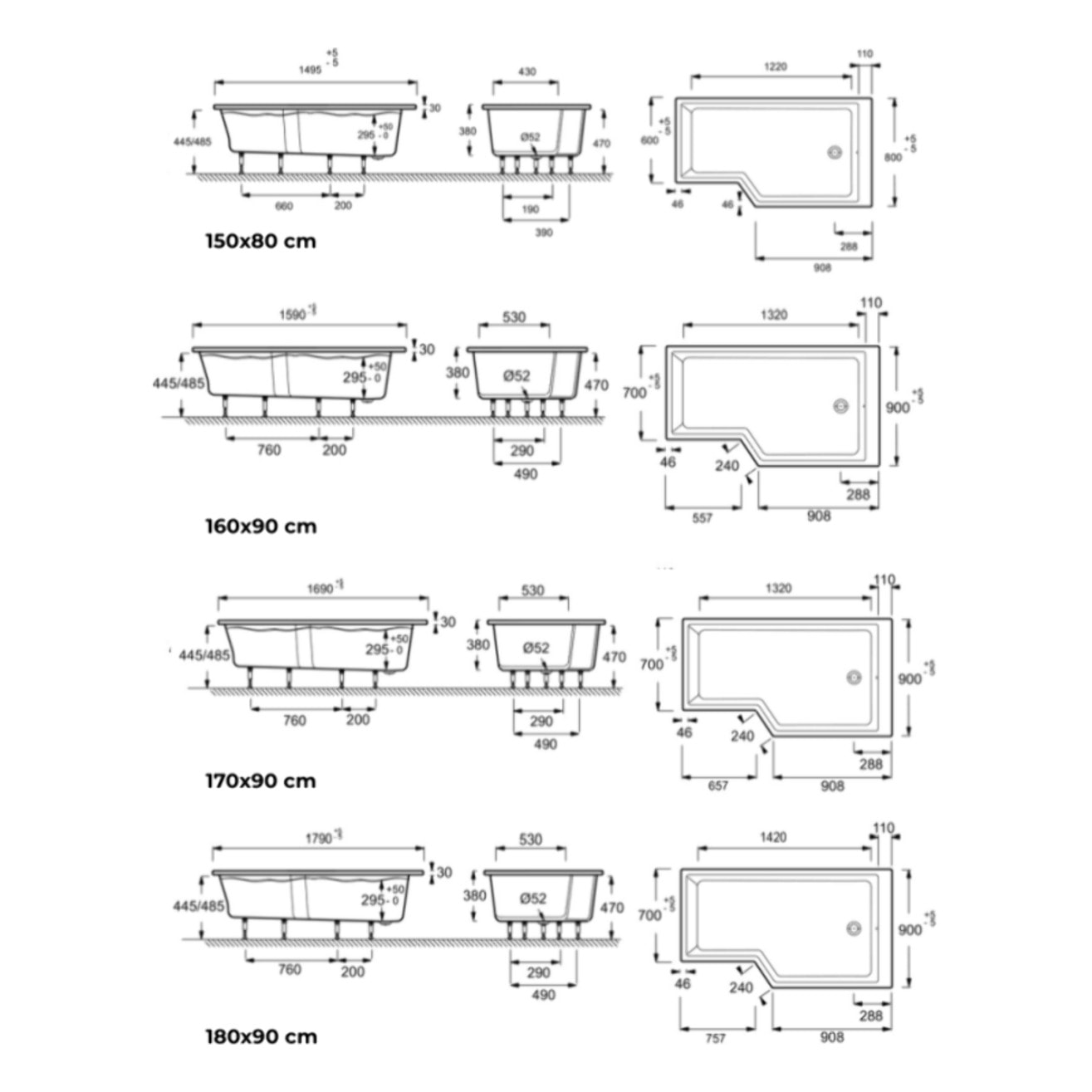 Pack baignoire bain douche antidérapante 150 x 80 Neo version droite + tablier en niche