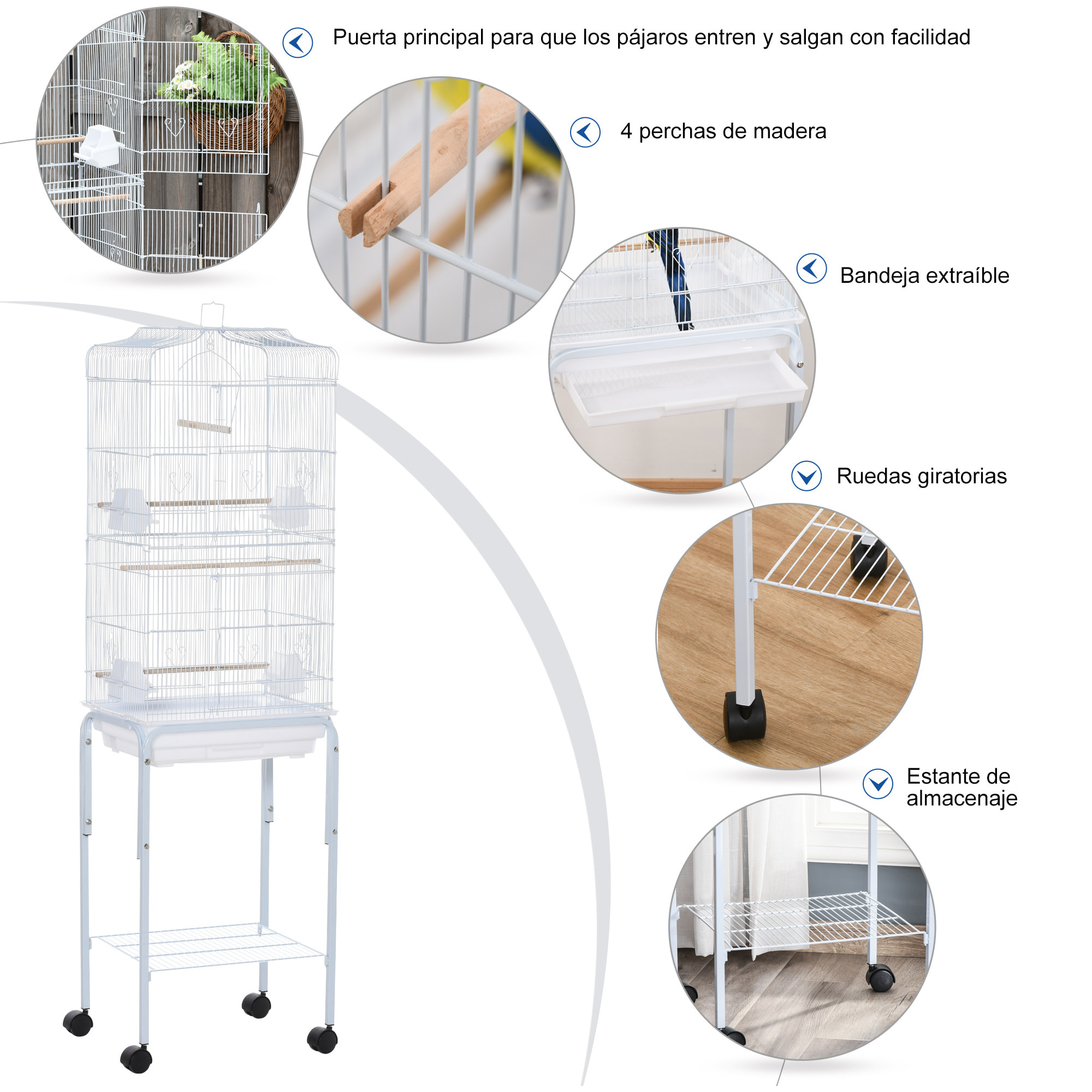 Jaula para Pájaros con Soporte 4 Ruedas Comederos y Estante 46,5x36x157cm Blanco