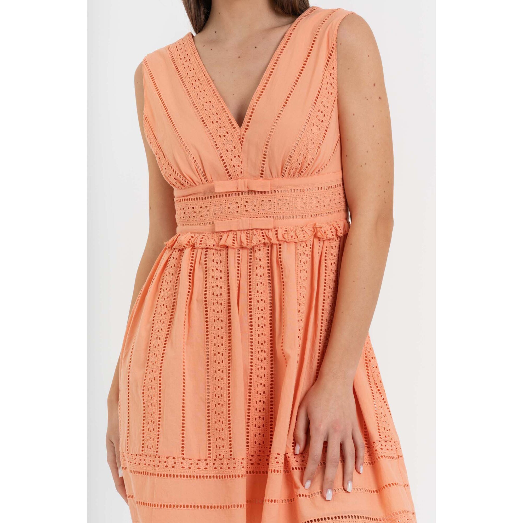 Kocca - Abito smanicato in cotone con scollo a V e pizzo sangallo Donna