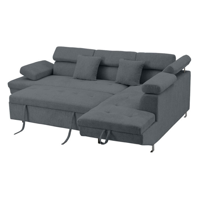 Margaux - Canapé d'angle droit 5 places convertible avec coffre et têtières réglables en velours texturé - Gris
