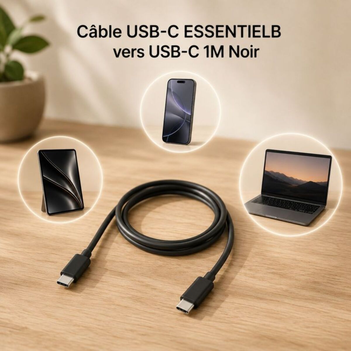 Câble USB C ESSENTIELB vers USB-C 1M Noir compatible iPhone 17 16 15 Pro Max et Samsung Galaxy S25 S24 Ultra