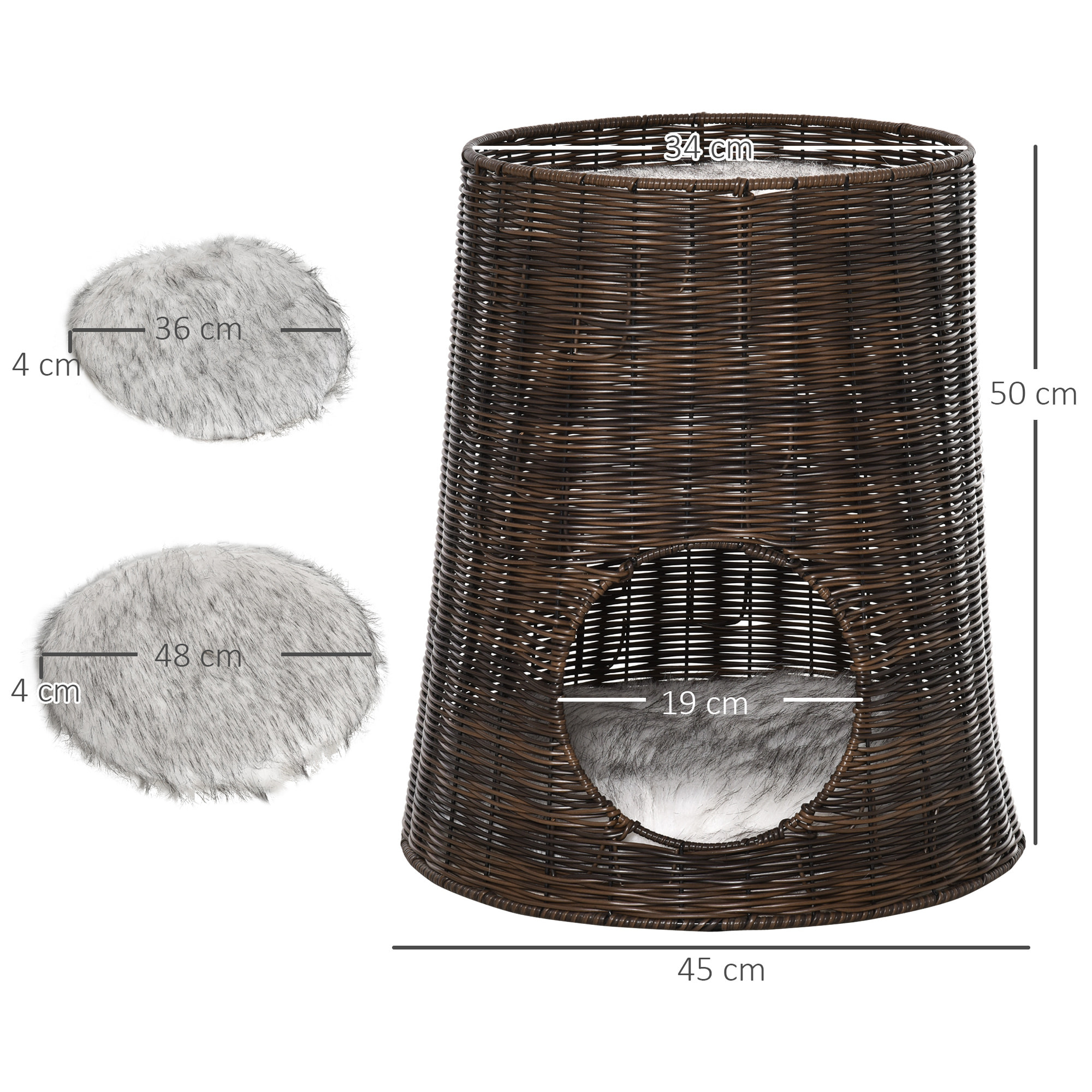 Cesta de Ratán para Gatos de 2 Niveles con Cojines Lavables Ø45x50 cm Marrón