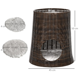 Cesta de Ratán para Gatos de 2 Niveles con Cojines Lavables Ø45x50 cm Marrón