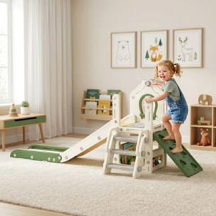 Tobogán Infantil Plegable 5 en 1, Tobogán para Niños con Escalador, Aro de Baloncesto, Pelota, Almacenamiento, Peldaños, Fácil de Montar y Limpiar, para Interior, para 1-3 Años, Blanco Crema