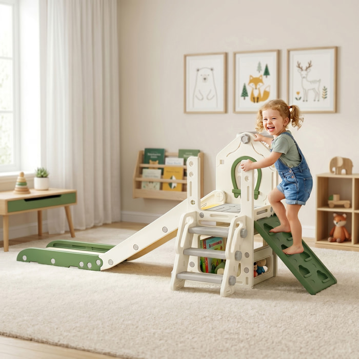 Tobogán Infantil Plegable 5 en 1, Tobogán para Niños con Escalador, Aro de Baloncesto, Pelota, Almacenamiento, Peldaños, Fácil de Montar y Limpiar, para Interior, para 1-3 Años, Blanco Crema
