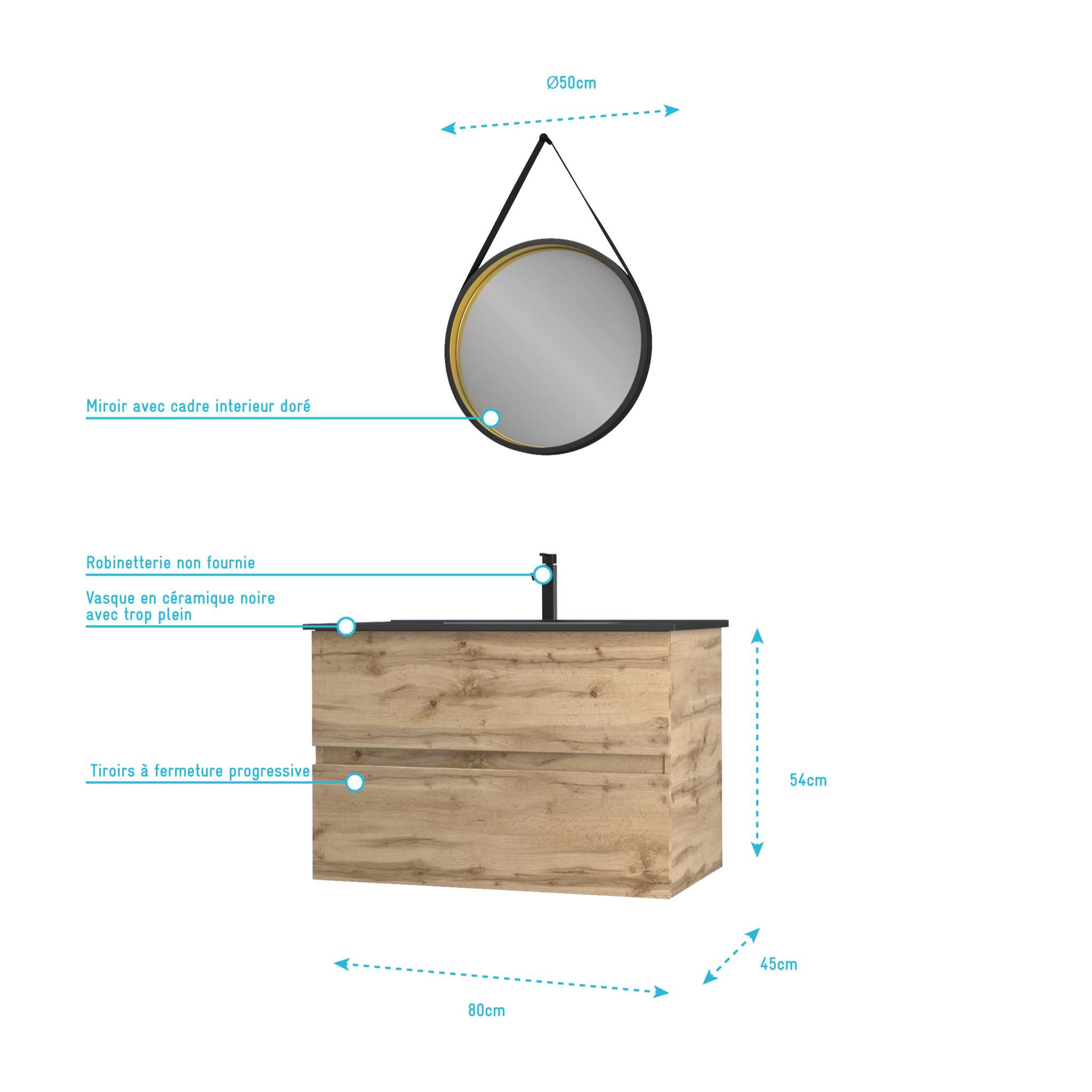 Pack Meuble SDB 80cm suspendu 2 tiroirs Chene_Vasque noire + Miroir Barber - TIMBER 80_Pack34
