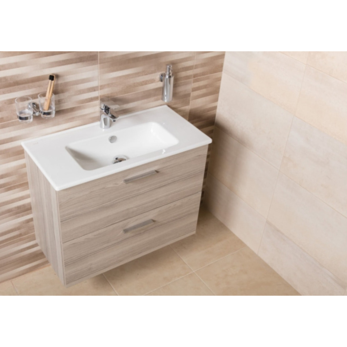 Lot de 4 meubles de salle de bain Mia 60 cm avec miroir, lavabo et éclairage LED, finition Cordoba (MIASET60C-GVP04)