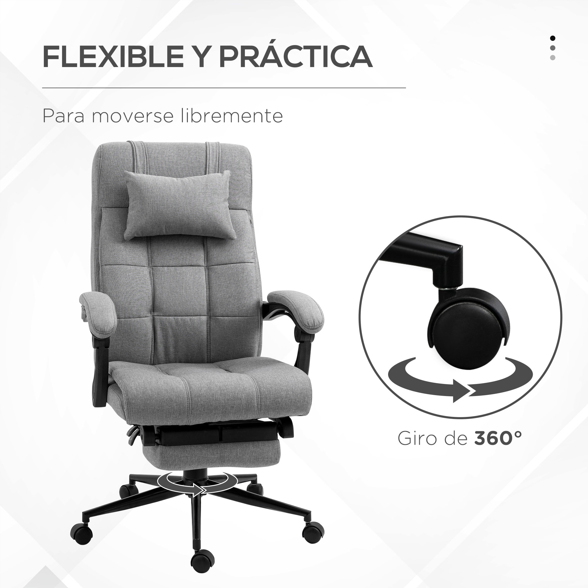 Silla de Oficina Reclinable Silla de Escritorio Giratoria Tapizado de Tela con Altura Ajustable Reposapiés Reposacabezas y Reposabrazos Carga 120 kg para Estudio 66x76x116-124 cm Gris