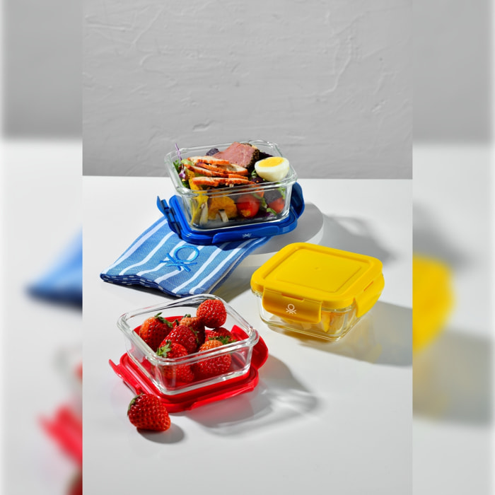 Hermético cuadrado 690ml borosilicato tapa azul rainbow benetton