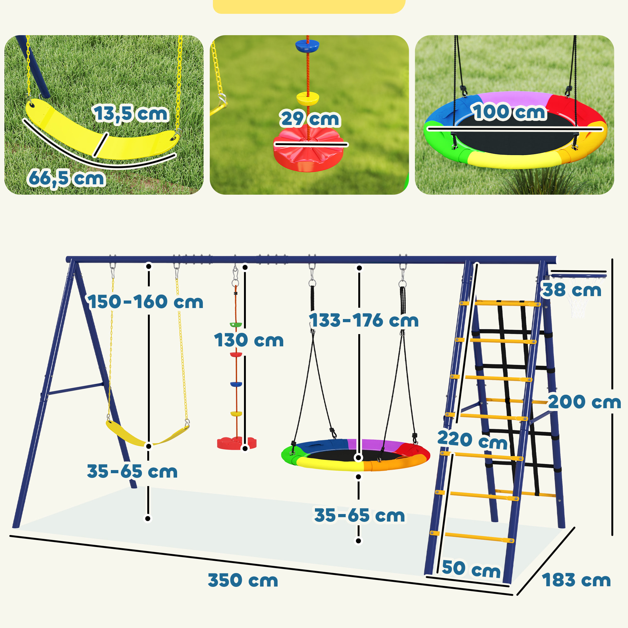 Columpios para Niños de +3 Años 6 en 1 Columpios Jardín Exterior con Columpio Nido Cuerda con Disco Red para Escalar Escalera y Aro de Baloncesto Multicolor