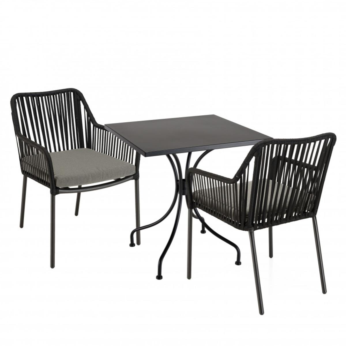 MALO - SALON DE JARDIN 2 PERS. - Table carrée 70x70cm et 2 fauteuils gris et noirs en cordage