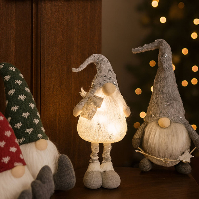 Gnomo decorativo navideño en color plata h.54cm con luces led