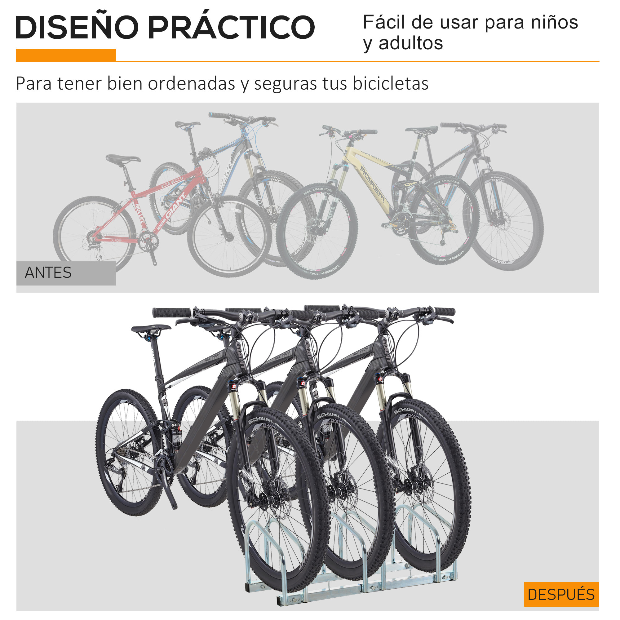 Aparcamiento para 3 Bicicletas Soporte de Acero para Aparcar Bicicletas en el Suelo o Pared Estacionamiento para Interior y Exterior 76x33x27 cm Plata