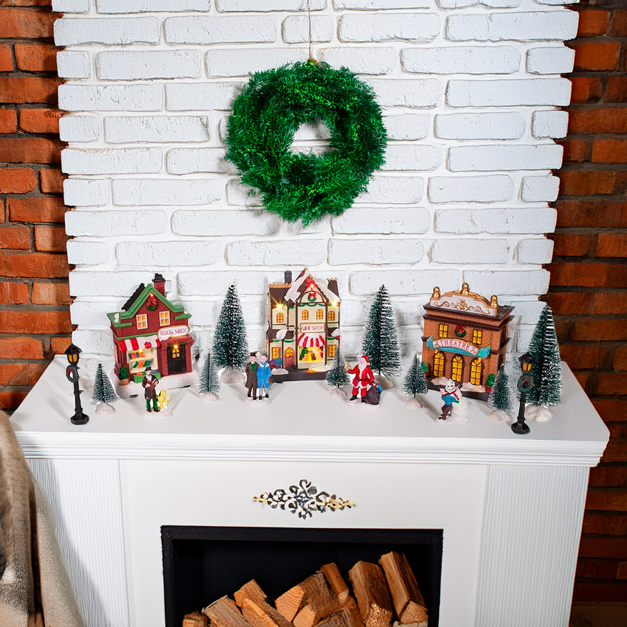 Conjunto de 14 piezas de escena de pueblo navideño con iluminación led