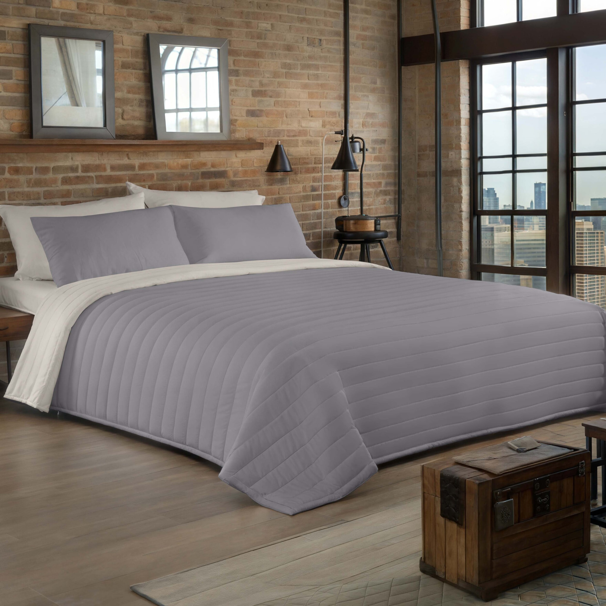 Icehome - Colcha Bouti - Lisa - Reversible - 100% Microfibra - 70 gr/m² - L.807 Gris/L.198 Piedra