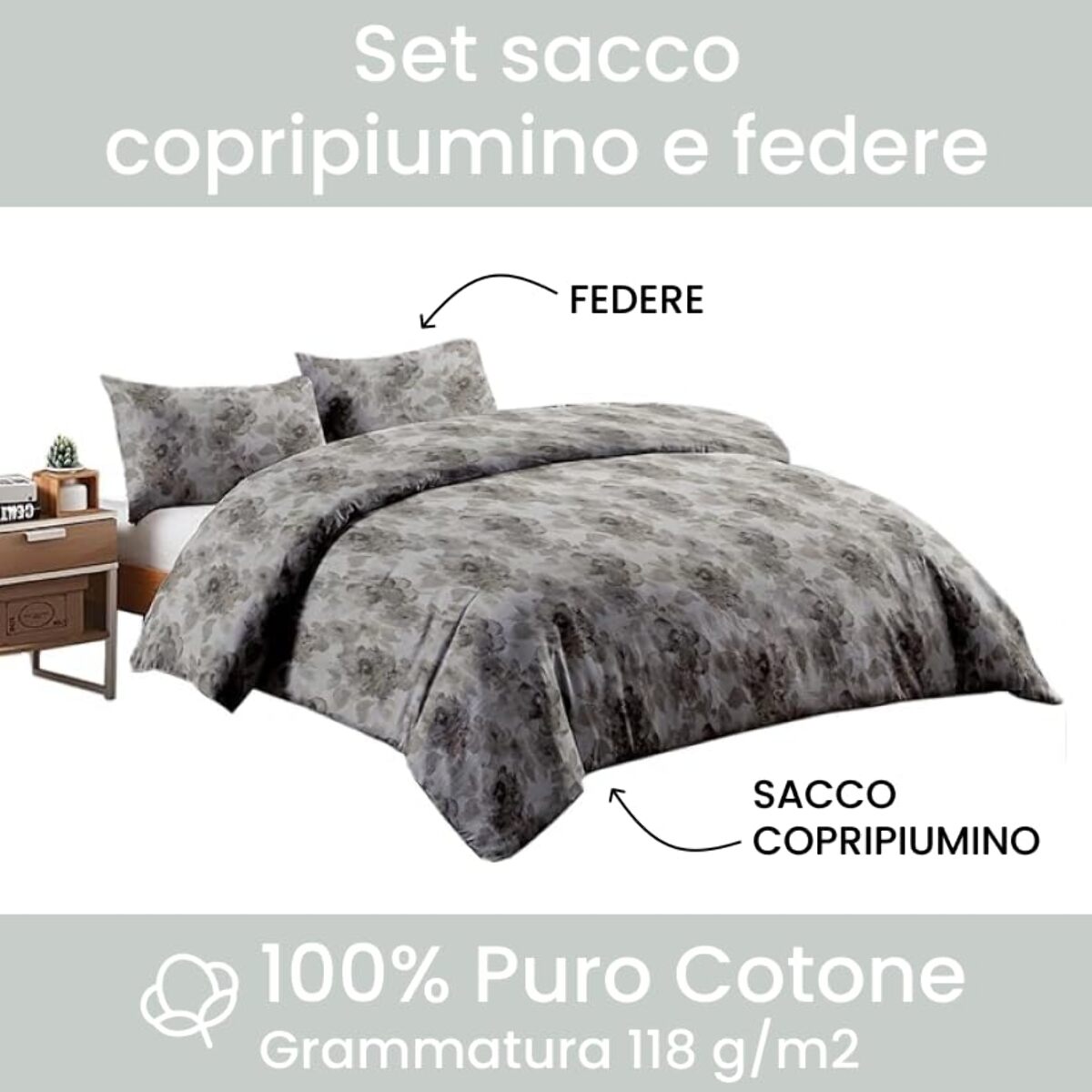 Set copripiumino una piazza e mezza in cotone con sacco e federa, morbido e traspirante, leggero e resistente 118 g/m², ideale per uso quotidiano, certificato OEKO-TEX, facile da lavare, comfort naturale e praticità per la biancheria da letto