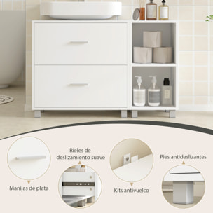 Mueble Bajo Lavabo, Mueble de Baño con 2 Cajones y 2 Estantes Abiertos, Estilo Moderno, para Lavabo con Pedestal, 90x30x60 cm, Blanco
