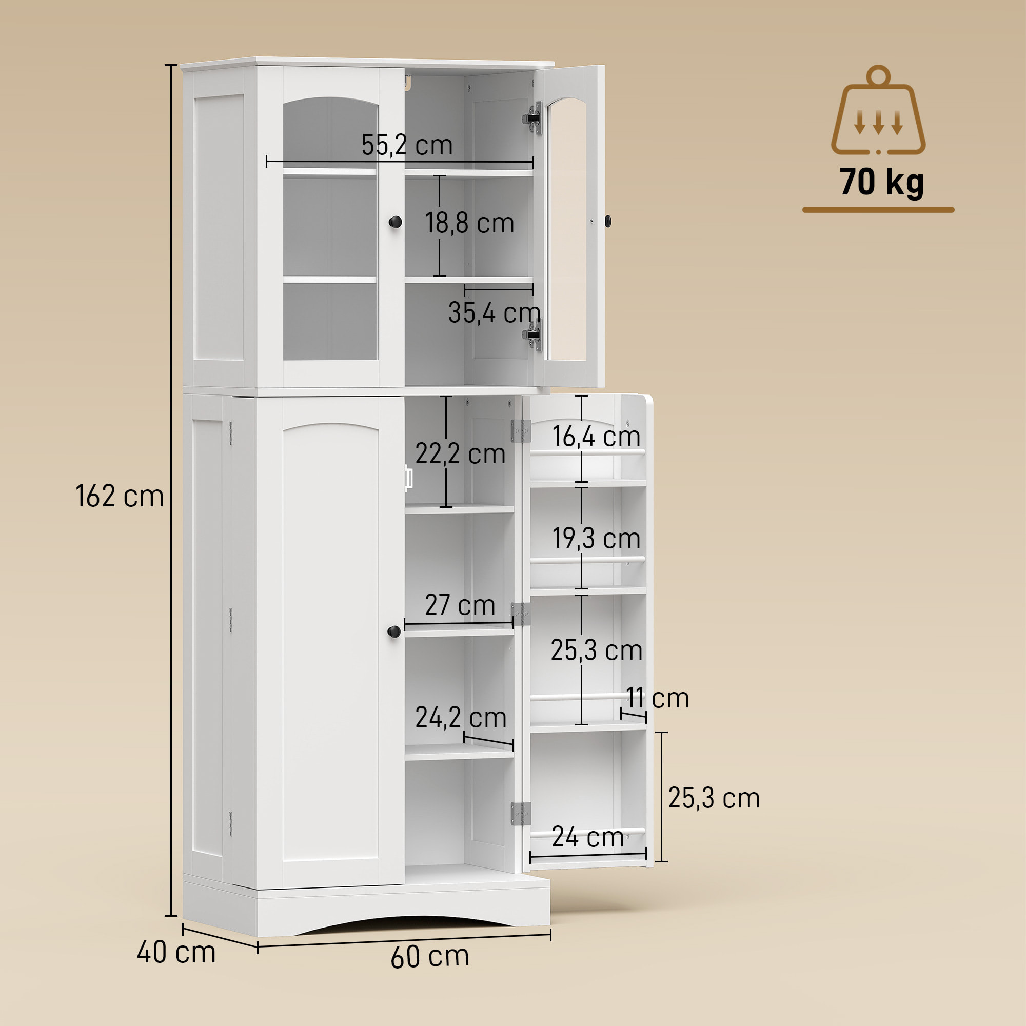 Armario de Cocina, Armario Despensa Cocina, con Puertas Acrílicas de Cierre Suave, 10 Estantes, 8 Compartimentos, Alacena Moderna con 4 Estantes Ajustables para Comedor, 60x40x162 cm, Blanco