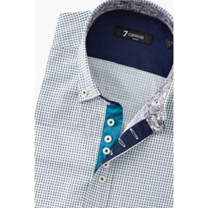 Camicia Uomo 1 Bottoni Button Down Slim Popeline Stampato Bianco e Blu
