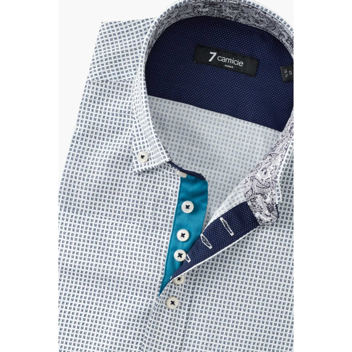 Camicia Uomo 1 Bottoni Button Down Slim Popeline Stampato Bianco e Blu