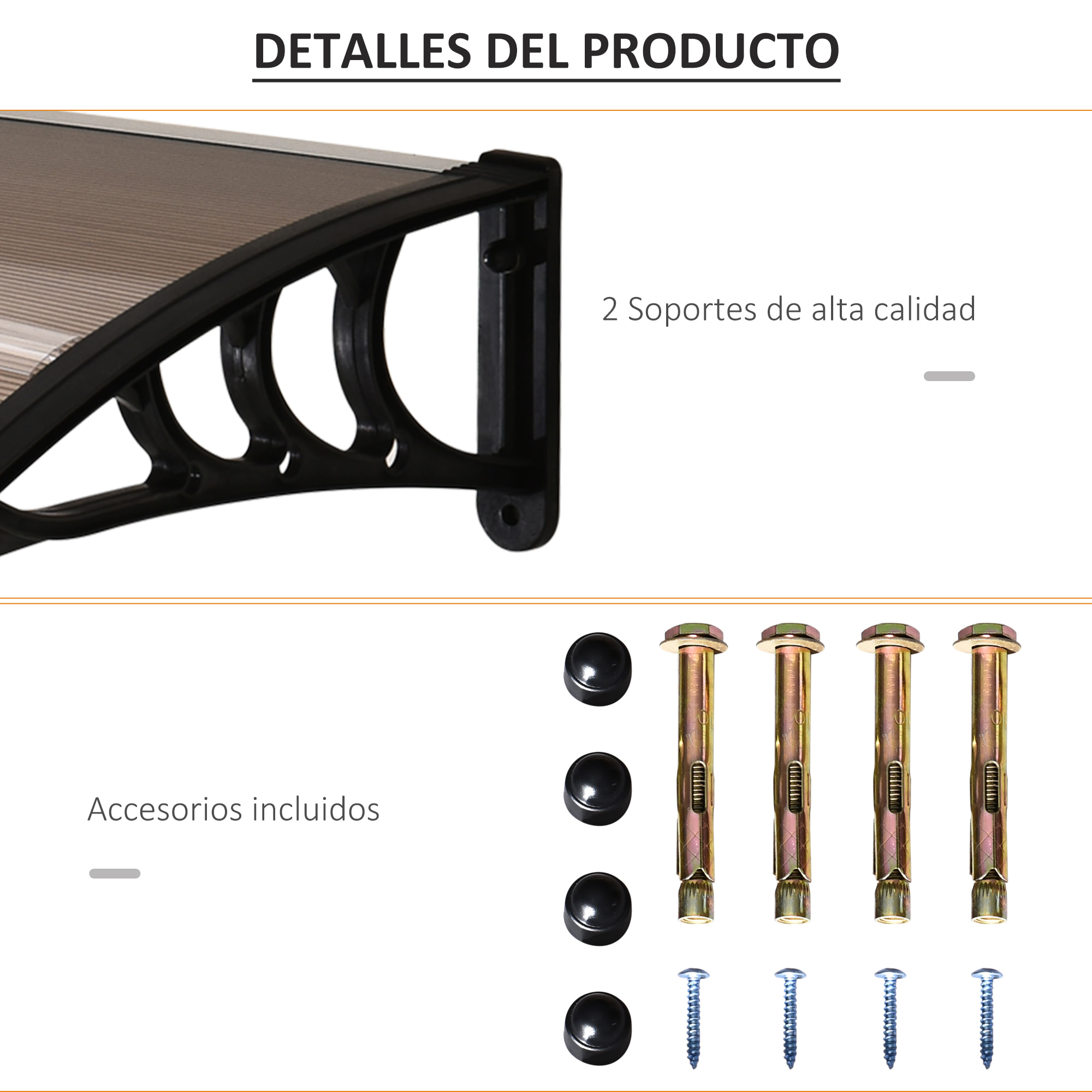 Tejadillo de Protección 75x100 cm Marquesina Exterior para Puertas y Ventanas contra Sol y Lluvia con Soporte de Aleación de Aluminio Marrón Translúcido