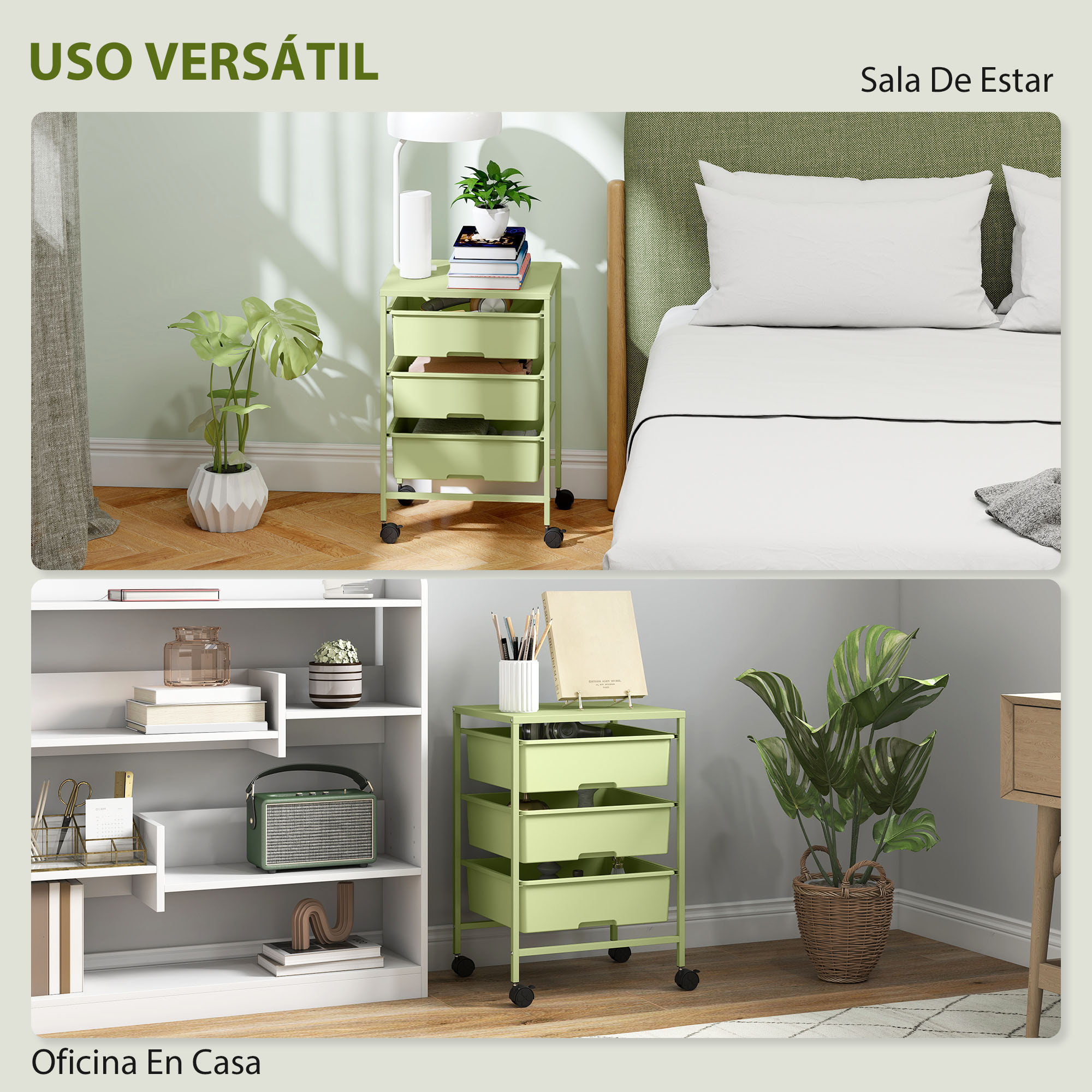 Carrito de Almacenamiento de 4 Niveles, Carrito de Cocina con Ruedas, 3 Cestas, Tablero y Marco de Acero, para Salón, Baño, Oficina, 40,8x33,5x60,5 cm, Verde