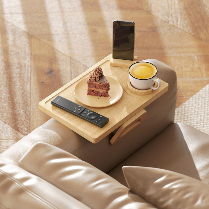 Bandeja para Reposabrazos para Sofá Flexible de Bambú, Bandeja de Brazo para Sofá con Portavasos Extraíble, Mesa Lateral con Bisagras y Soporte Giratorio 360° para Teléfono, Aperitivos, Bebidas