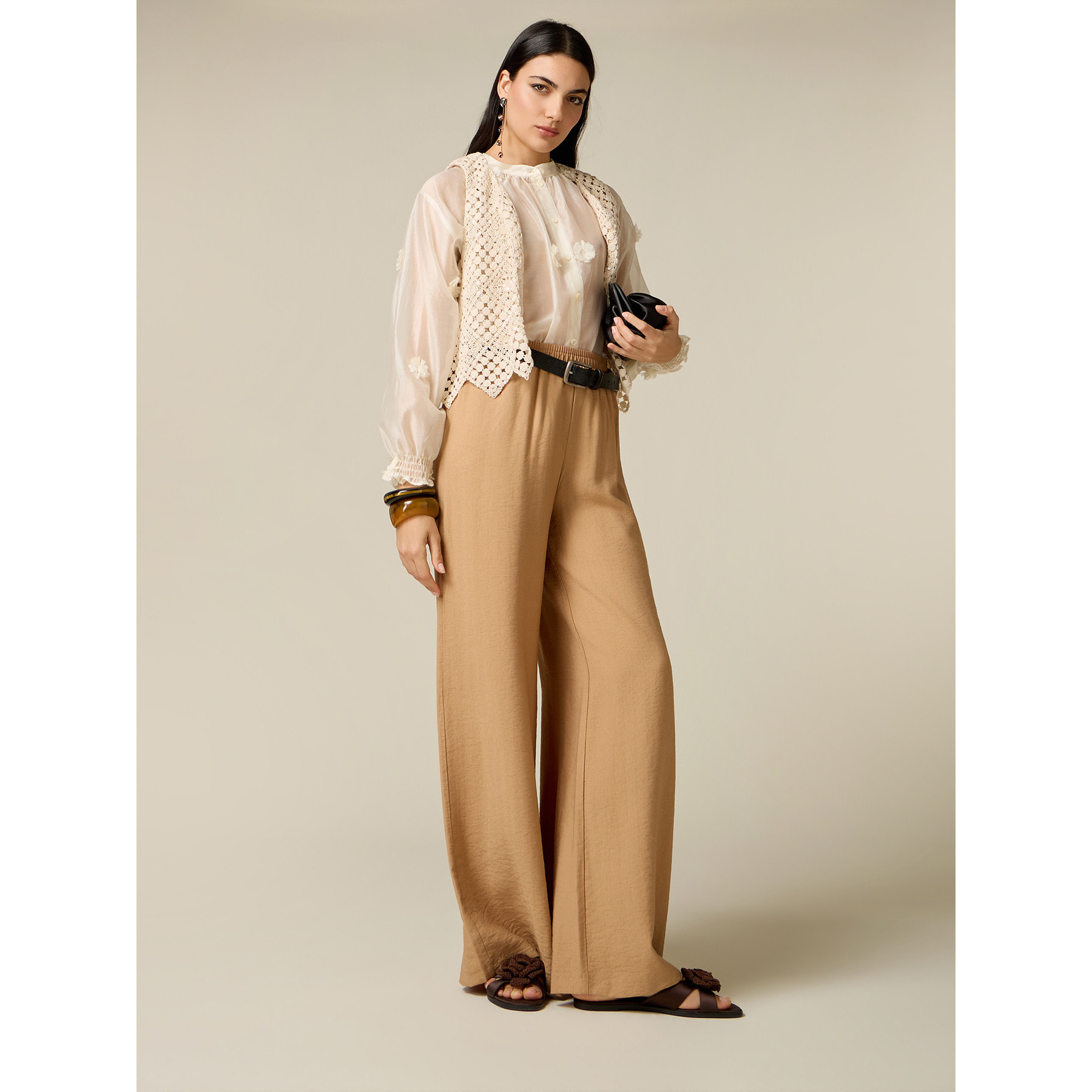 Oltre - Pantalones palazzo mezcla viscosa - Beige