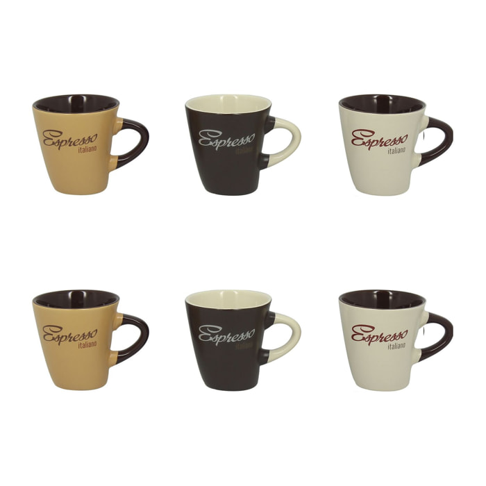 Lot de 6 tasses en grès 3 couleurs assorties 15cl EXPRESSO ITALIANO