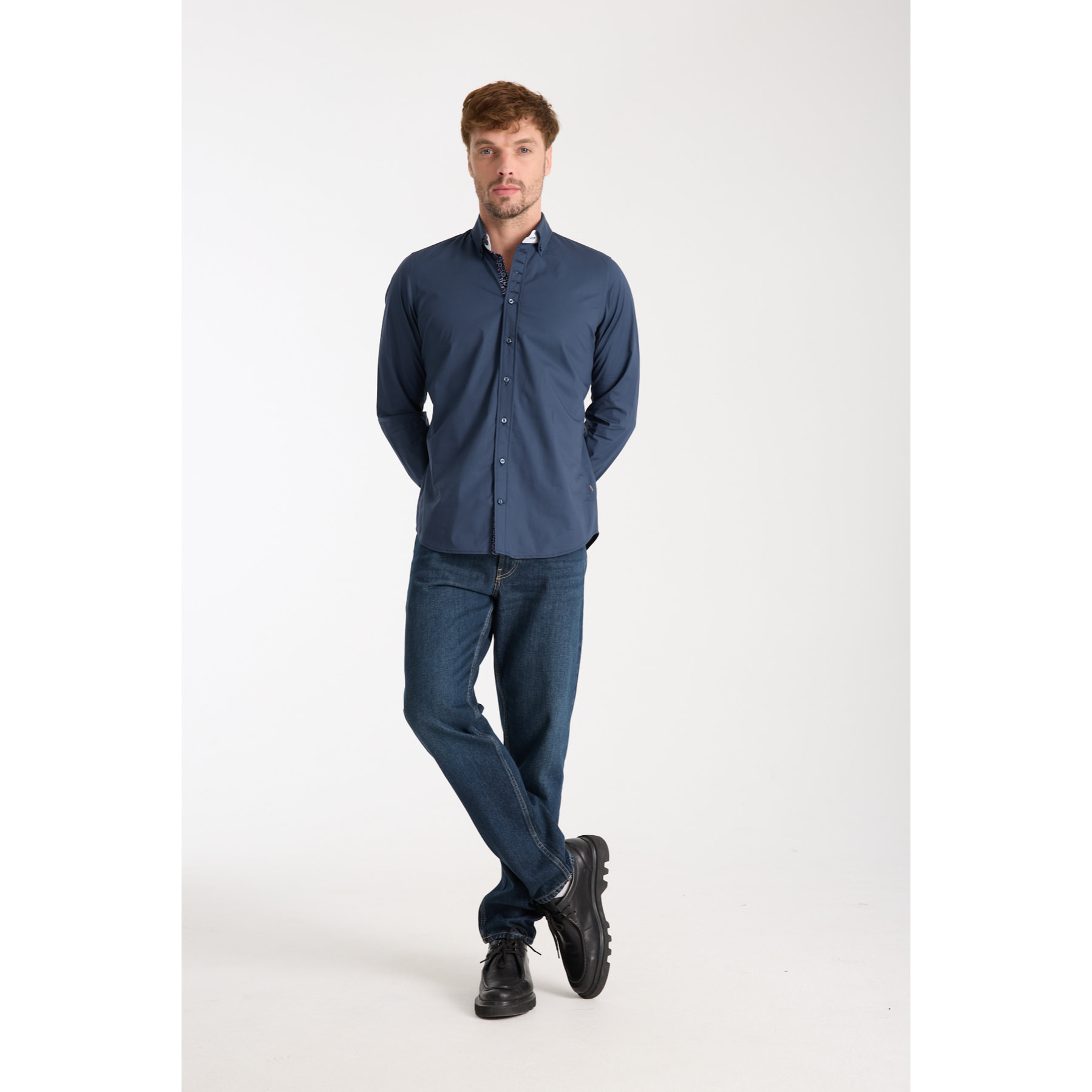 Camicia Uomo 1 Bottoni Button Down Slim Popeline Stretch Unito Blu