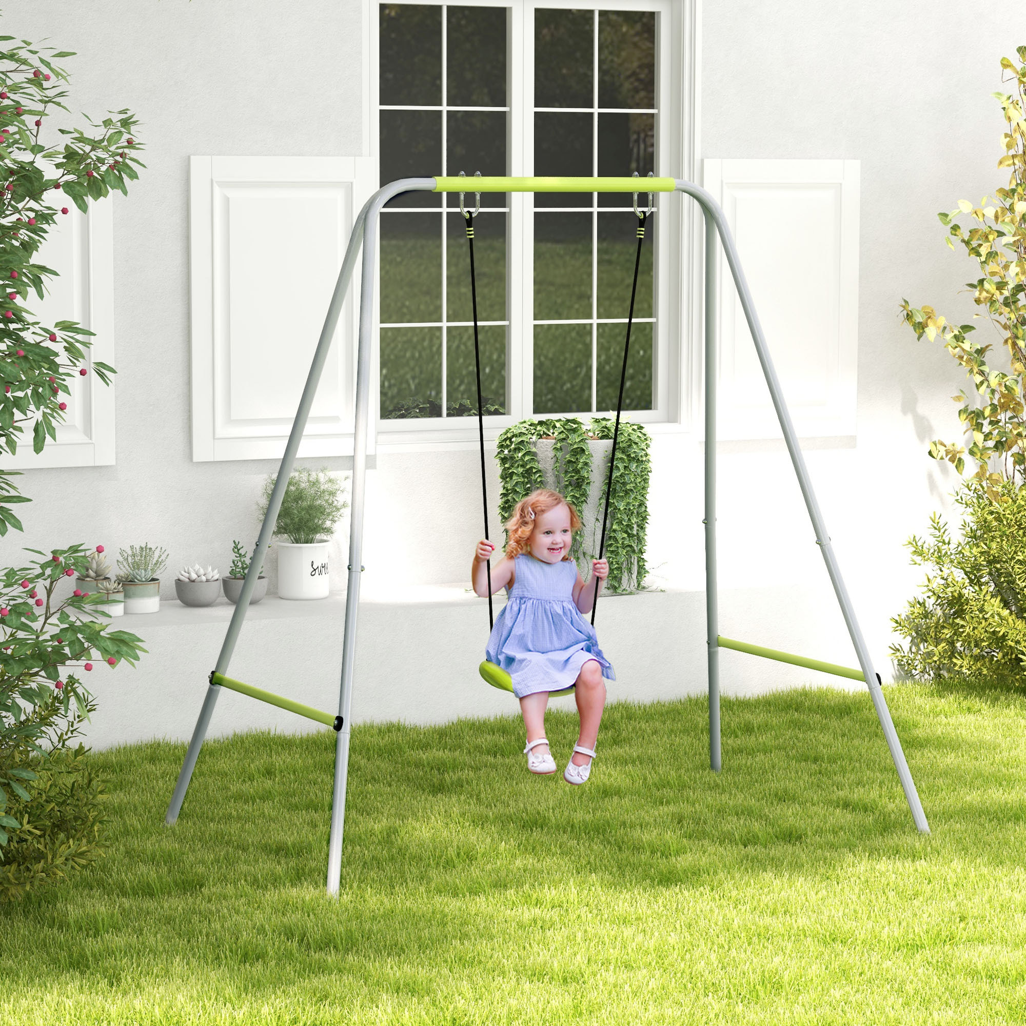 Portique balançoire évolutive - siège haut, accoudoirs, ceinture sécurité 5 points, barre protection - métal époxy gris vert