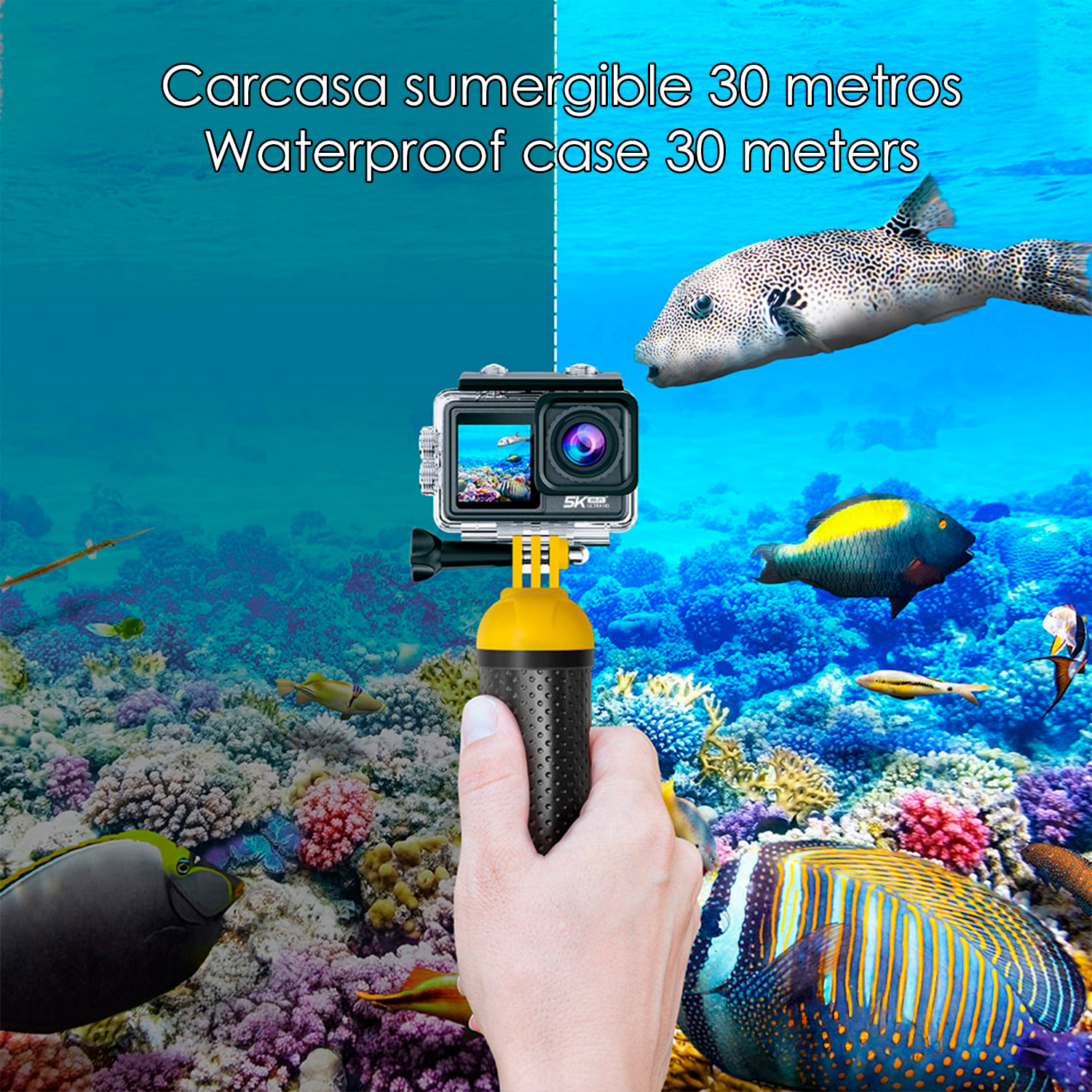 Cámara Deportiva M81 TR 5k 30fps con 50 mpx, doble pantalla de 2" y 1.3", estabilizador de imagen, multitud de accesorios, 6 filtros y WIFI.