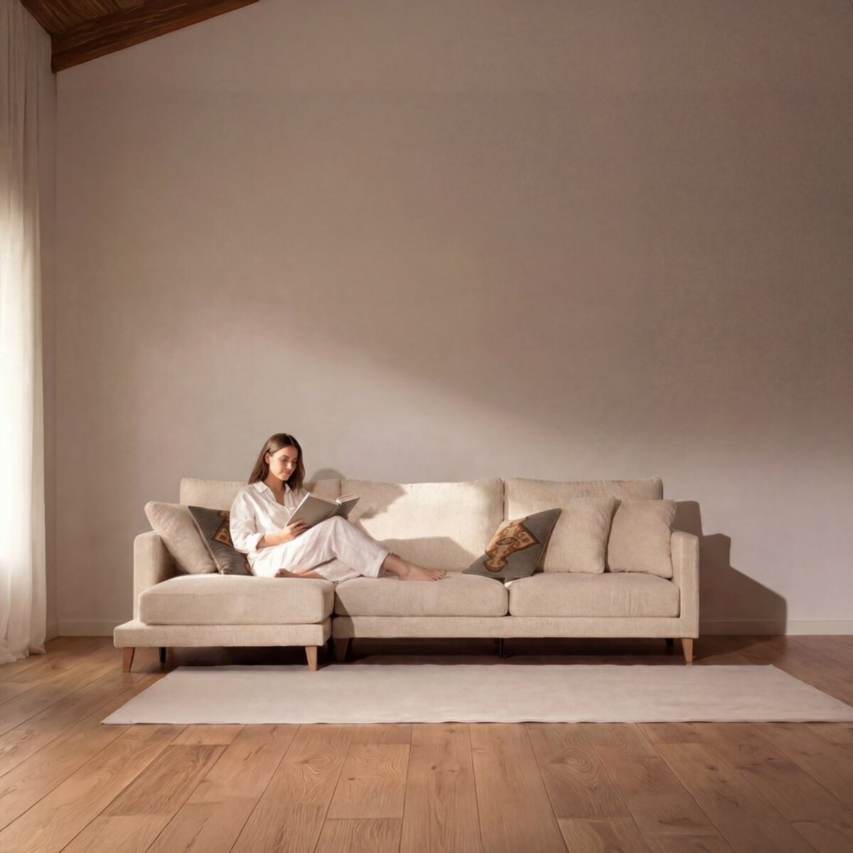 Canapé d'angle Dafne -textile, mousse pu, bois, panneau de particules-couleur beige 275 x 90 x 160 cm