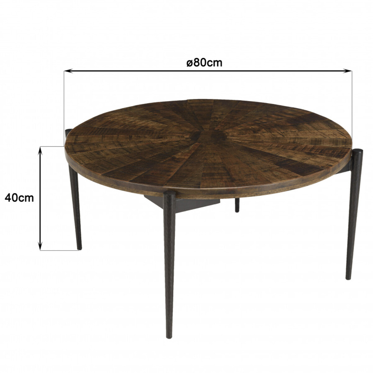KIARA - Table basse ronde 80x80cm bois recyclé pieds métal