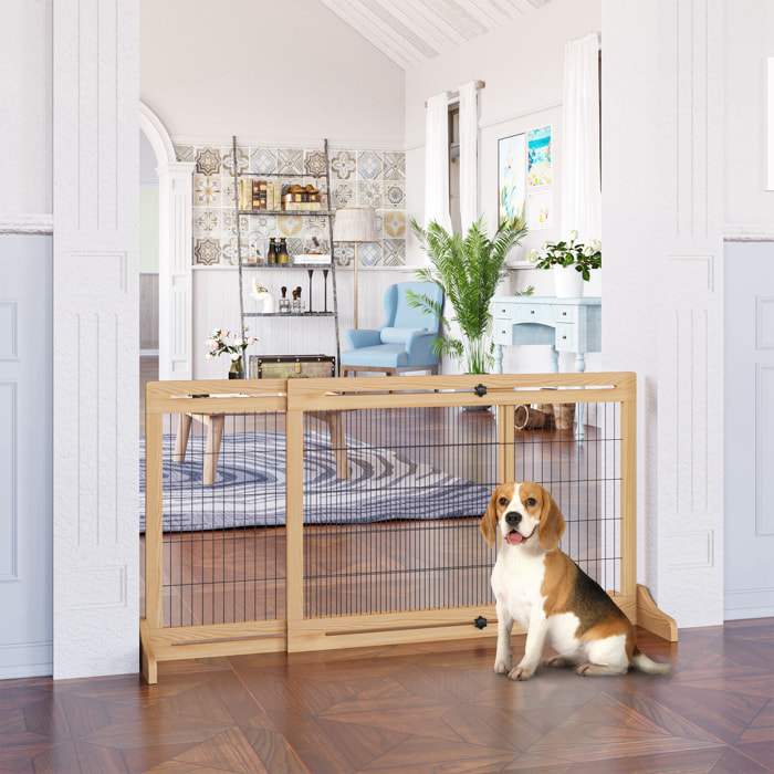 Barrière de sécurité chien barrière autoportante longueur réglable dim. 104-183L x 36l x 69H cm bois pin verni acier noir