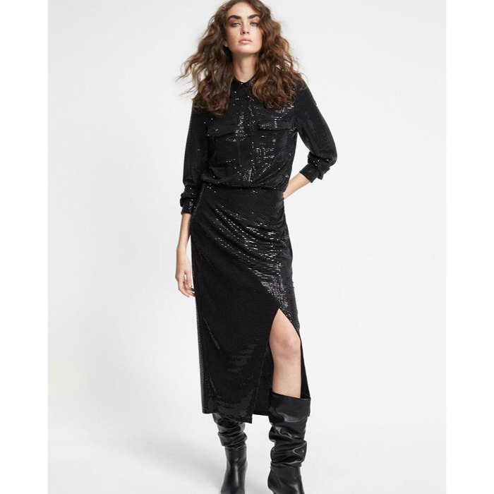 Abito drappeggiato in maglia con paillettes finte