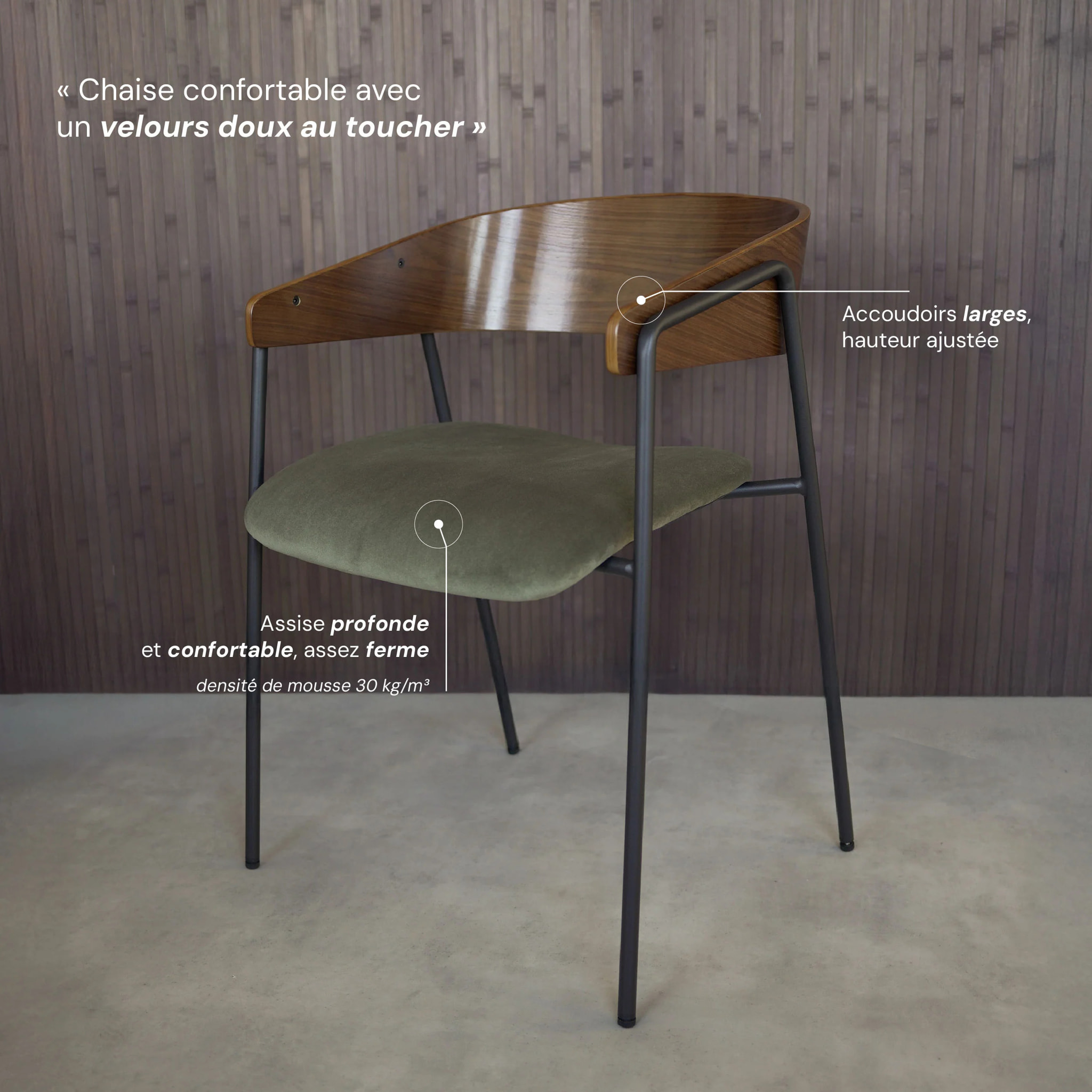 Lot de 2 chaises en velours vert kaki et bois de noyer - Esmée