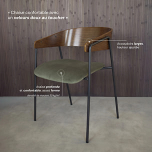 Lot de 2 chaises en velours vert kaki et bois de noyer - Esmée