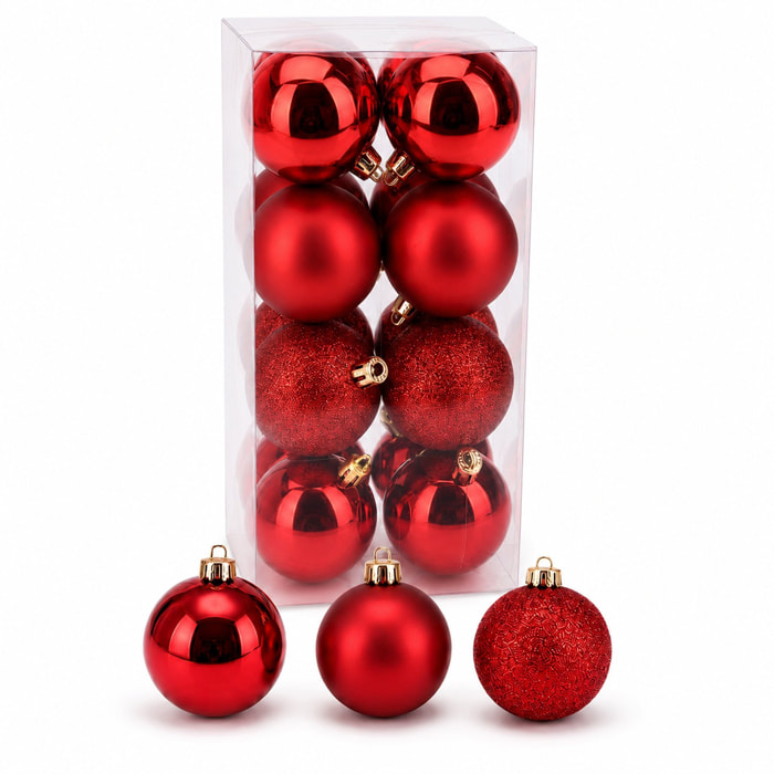 Set de 16 bolas de navidad rojas ø5cm con acabado brillante, mate y purpurina, para árbol de navidad