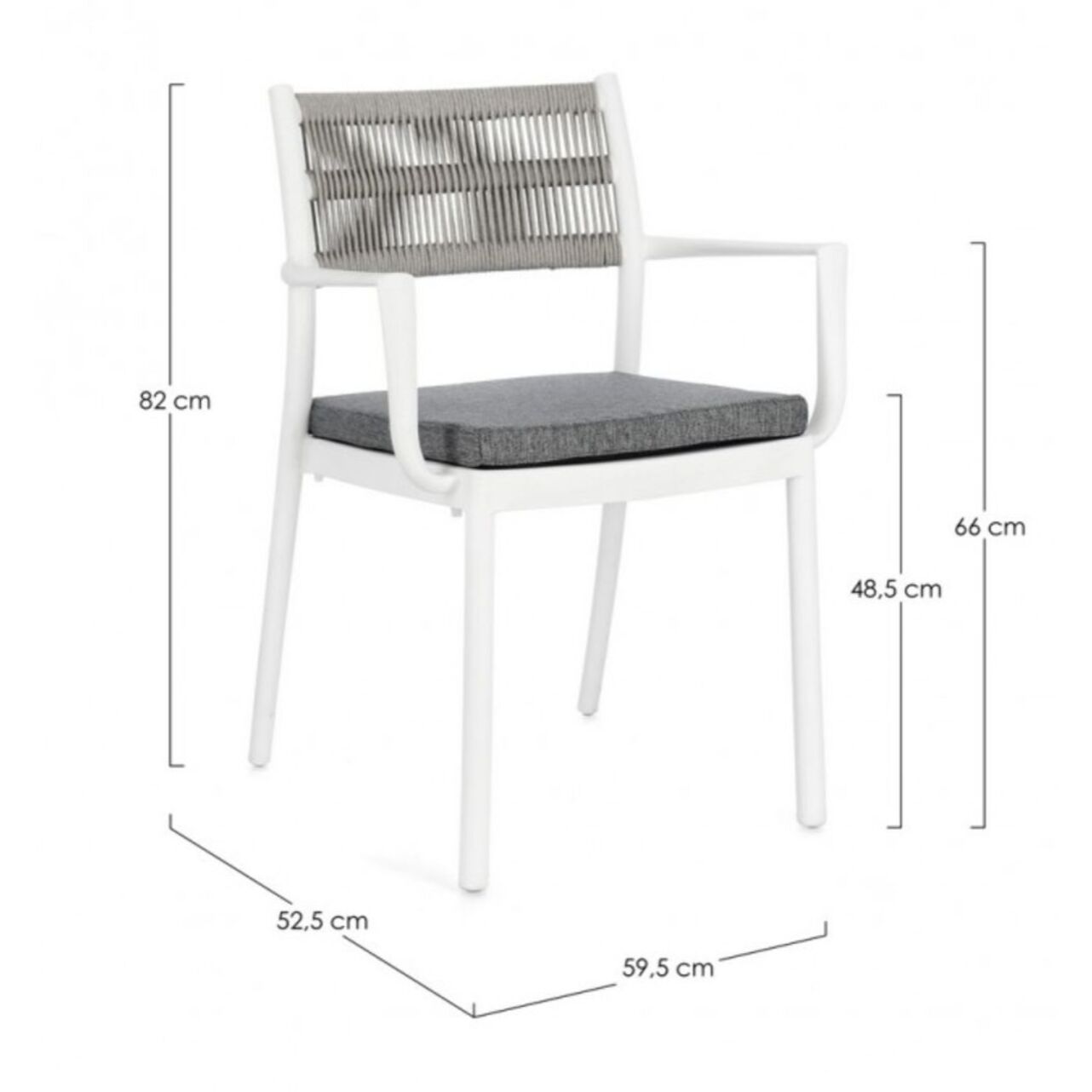 Set di 4 sedie ALVIN in polipropilene bianco e corda intrecciata grigio chiaro, con braccioli