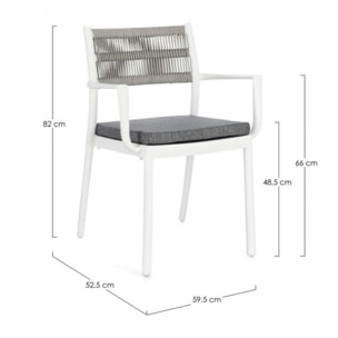 Set di 4 sedie ALVIN in polipropilene bianco e corda intrecciata grigio chiaro, con braccioli