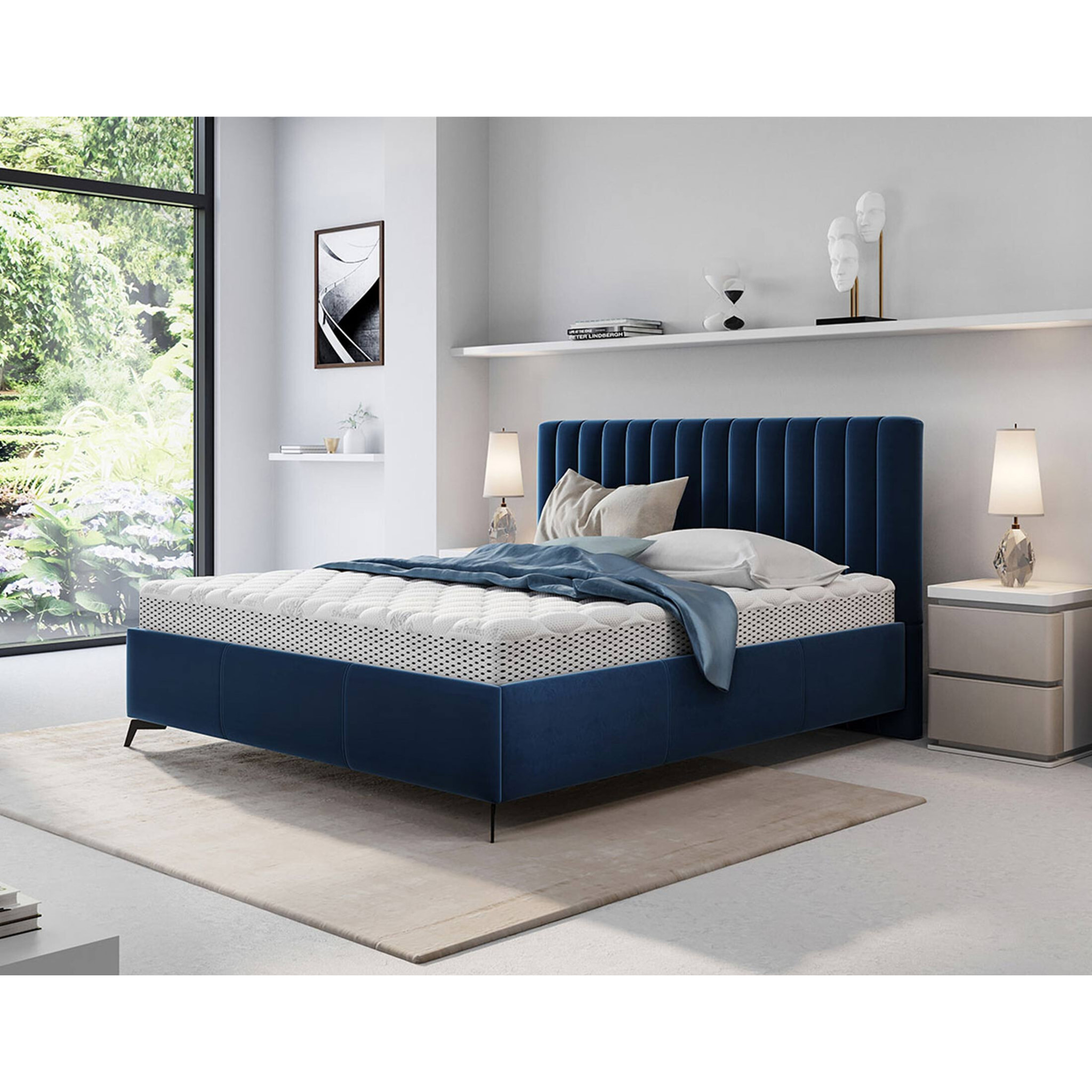 Mendoza - lit coffre - 160x200 - sommier inclus - en velours - Bleu