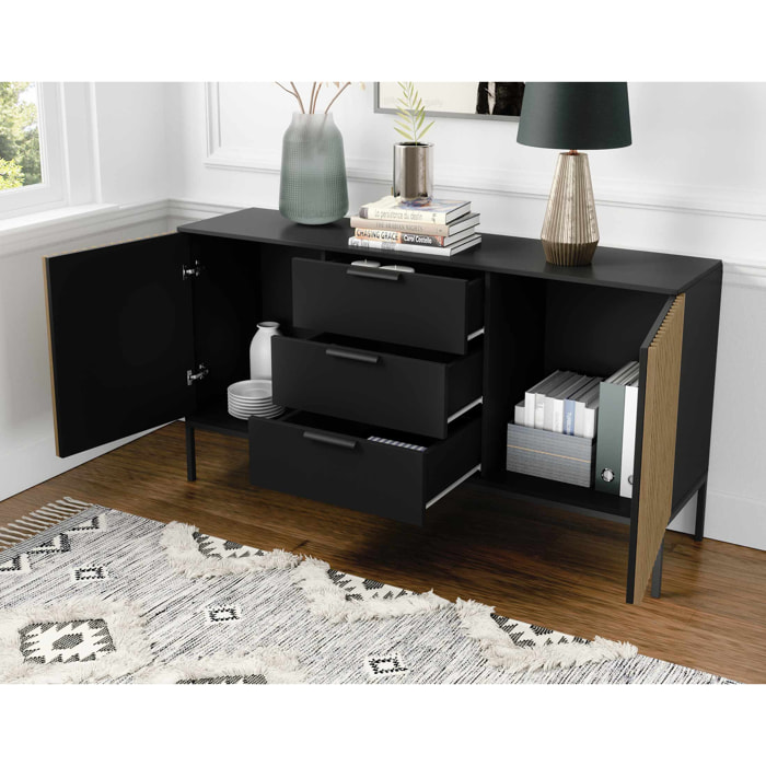 Savanna - buffet bas - effet bois et noir - 3 tiroirs et 2 portes - 150 cm - Noir / Bois